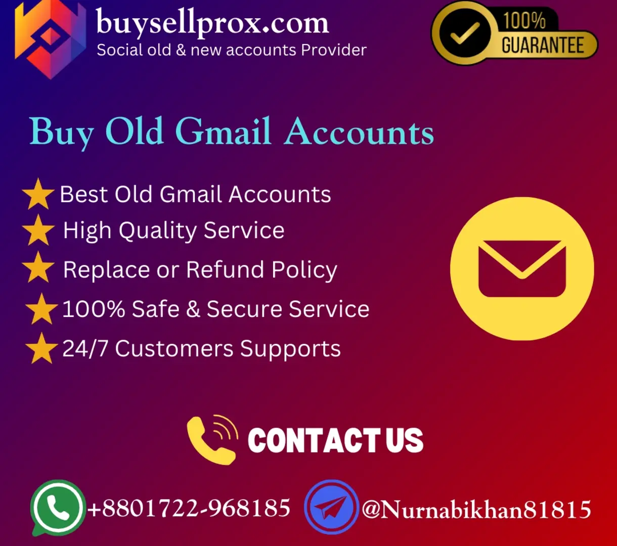 Buy old Gmail accounts with a 100% guarantee, safe and secure service, refund policy, and 24/7 customer support.